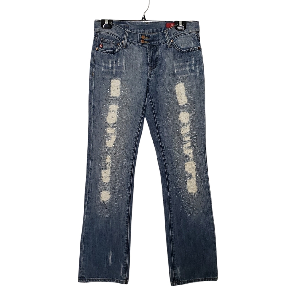 $15 sale 7 FOR ALL MANKIND blue embellished distressed low rise flare jean 27